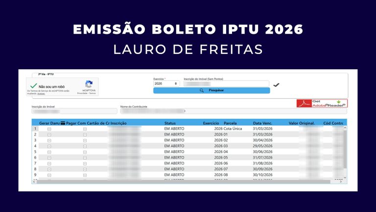 Tela de emissão de segunda via do boleto IPTU 2026 no site da SEFAZ Lauro de Freitas.