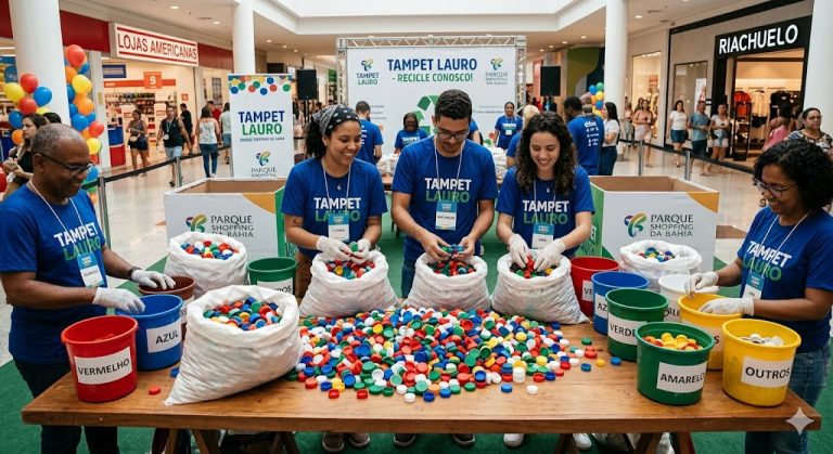 Voluntários participando da triagem de tampinhas plásticas no Mutirão Tampet Lauro no Parque Shopping da Bahia.