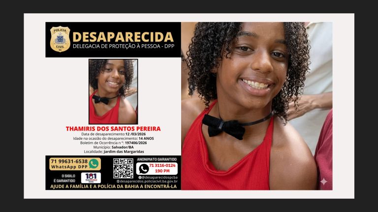 Thamiris dos Santos Pereira, 14 anos, está desaparecida na Bahia. Foto oficial para buscas.