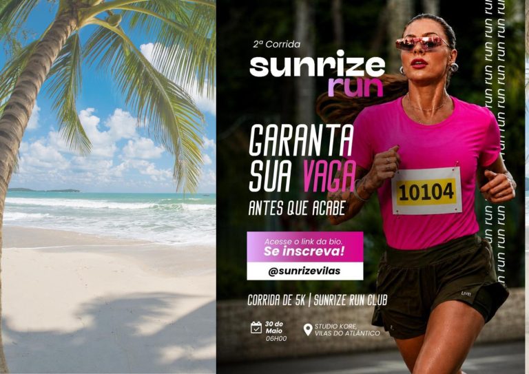 Preparativos para a Sunrize Run em Vilas do Atlântico, evento de corrida e nutrição em Lauro de Freitas.